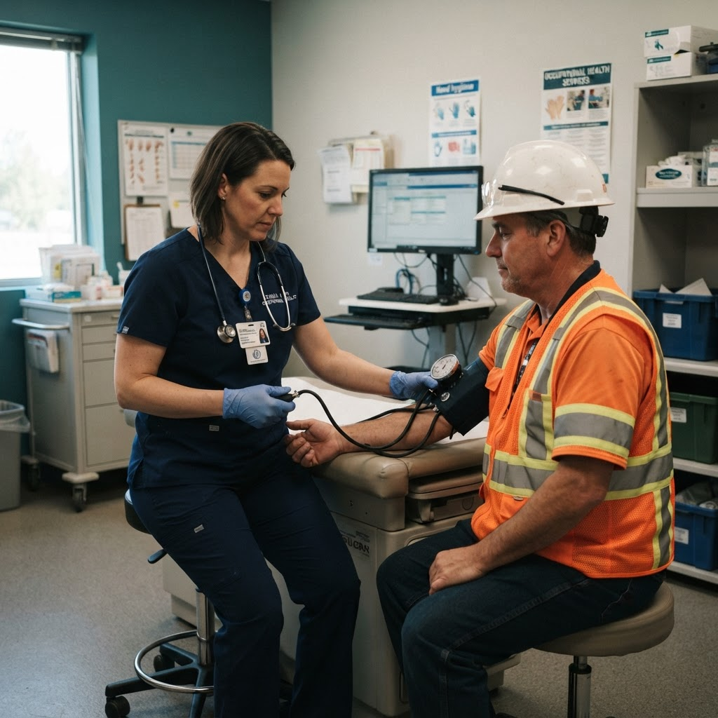 An occupational health clinician performing a workplace medical screening on an industrial worker in an on-site clinic