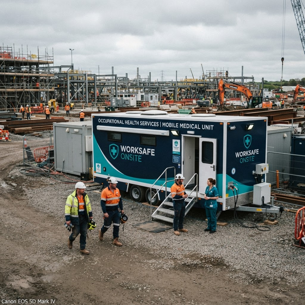 A mobile occupational health medical unit deployed at an industrial site with workers in protective equipment